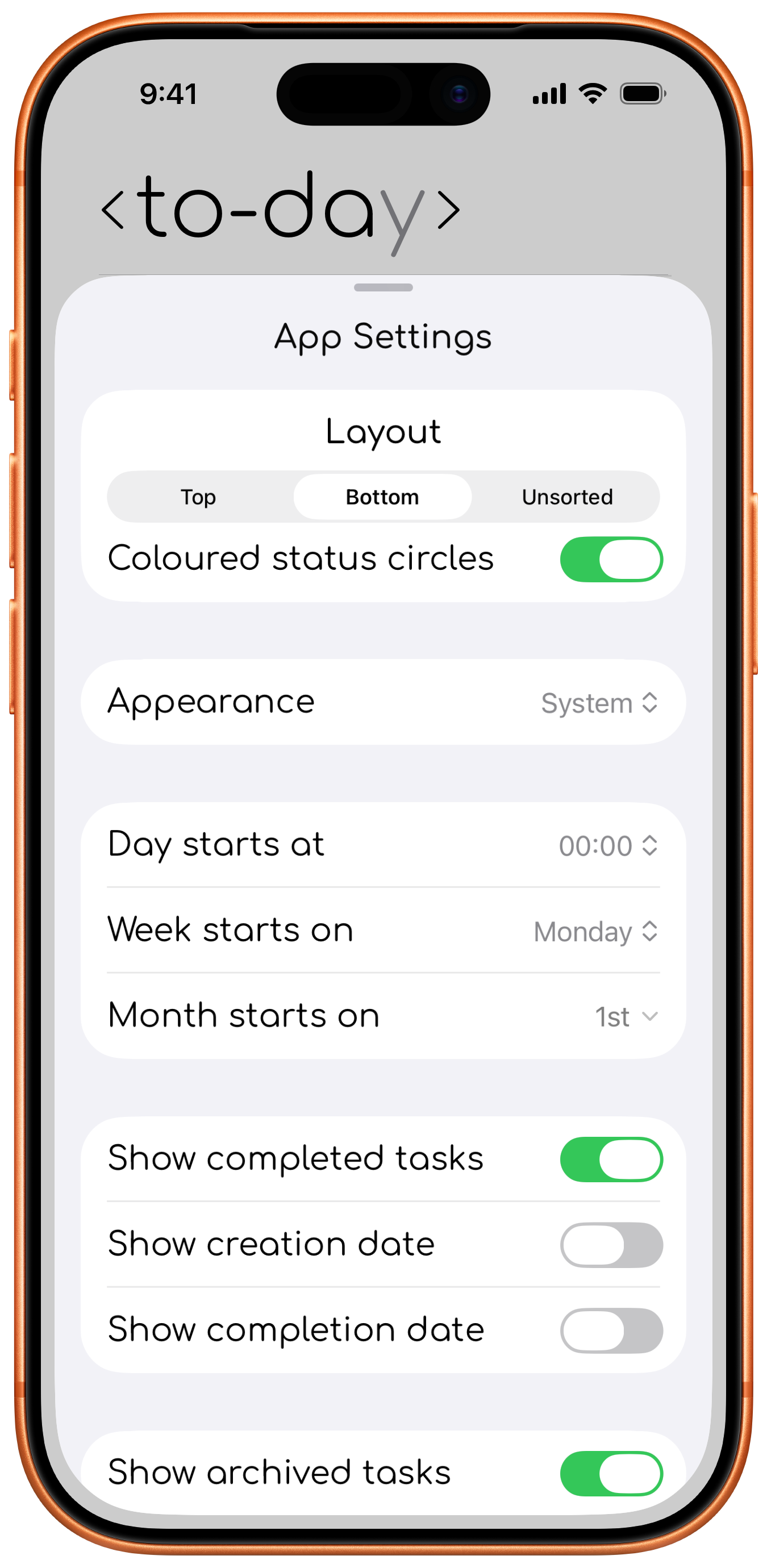 Settings sheet